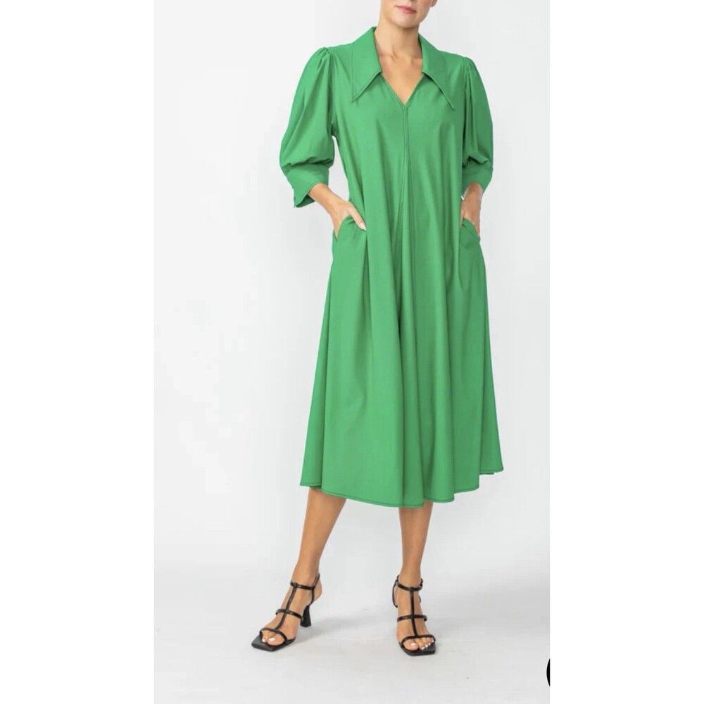 IC Collection Point Collar Dress Green Lagenlook Avant Garde Midi Puff Sleeve M